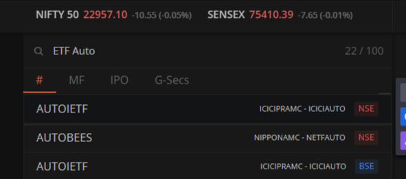 Search ETFs auto on zerodha
