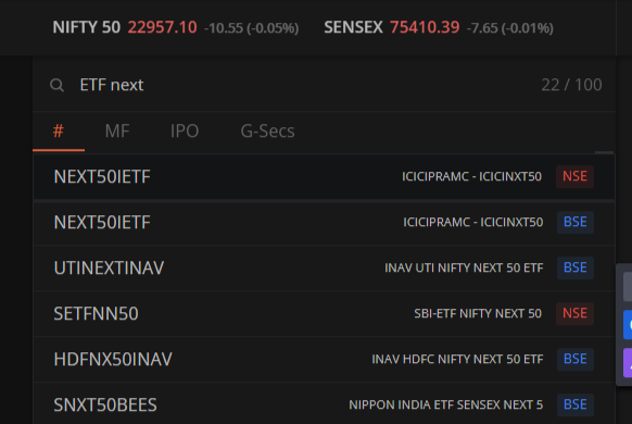 Search ETFs next nifty on zerodha
